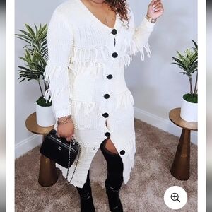 White Fringe Button-Up Cardigan Dress